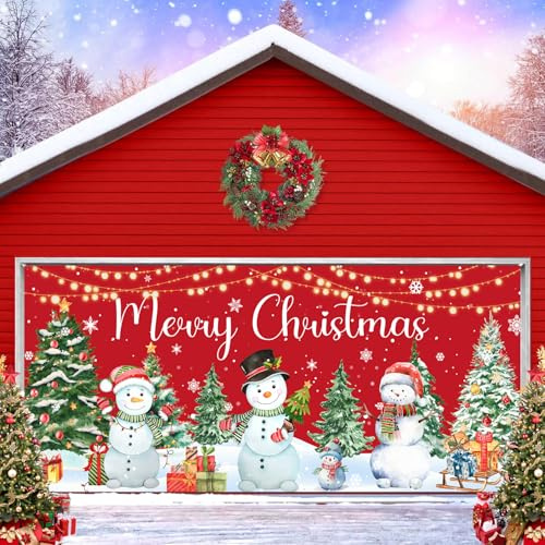 Toile de fond de porte de garage de Noël de 4,6 x 2,1 m, bonshommes de neige, arbres de Noël, cadeaux de porte, bannière de garage, décoration de fête de Noël, décoration murale pour extérieur