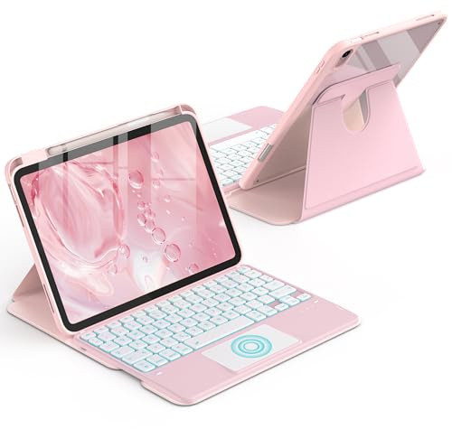 CACOE 360 Rotating Keyboard Case for iPad (A16) 11th/10th Generation (11/10.9) 2025/2022 with Touchpad, 7-Color Backlit Detachable Wireless Keyboard Case with Support Function, Pink