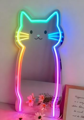 Katze Spiegel RGB Neon Zeichen Spiegel - Hochzeit Heimdekor Wandkunst Licht für Schlafzimmer Wohnzimmer Ankleidezimmer Party Dekorationen