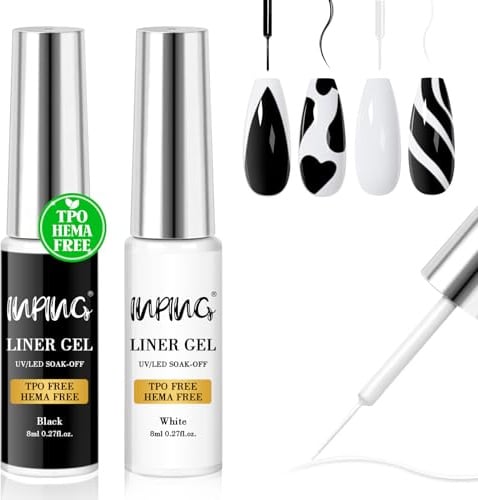 INPING Gel Liner Nail Art Gel Polish TPO-FREE 2 Colors Black White 8 ML | Soak-Off UV/LED Varnish Line Pen for Fine Lines Decoration French Manicure Set Easy To Apply, 8 ML