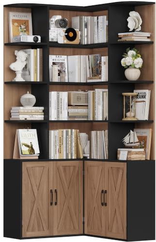 FirFurd 187cm Bücherregal mit Türen, Eckregal mit 12 Fächern L-förmiger | Bücherschrank mit Türen, Bücherregal, Hochschrank Regal für Wohnzimmer, Büro, Arbeitszimmer, 187x80x80cm, Eiche & Schwarz