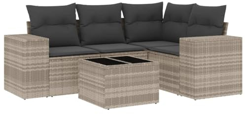 pokgdf 5-TLG. Modulare Gartenmöbel für Terrasse und Garten, Bequeme Outdoor Sitzgruppe mit Polsterkissen, Garten Sofagarnitur mit Kissen in Hellgrau Poly Rattan, Wetterfeste PE Rattan