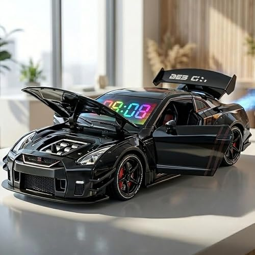 Hyper-Car Auto Wecker mit Digitalanzeige & Weckfunktion, Sportwagen Wecker 1:24, Modellauto mit LED Licht, Motorsound, Nebel-Auspuff & Rückziehfunktion, Geschenk zum Geburtstag für Auto Fans & Sammler