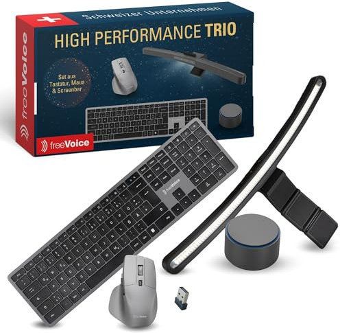 freeVoice Tastatur Set mit Maus & Monitorlampe I Kabellose Tastatur inkl. Maus für Laptop & Computer I Blendfreie Anti-Blue-Light Bildschirmlampe mit drahtloser Steuerung & Auto-Dimmer