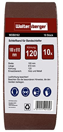 Woltersberger® Lot de 10 bandes abrasives en tissu │ Dimensions : 100 x 610 mm │ Grain P180 │ pour ponceuses à bande │ Papier Abrasif │ Ensemble de Bandes Abrasives