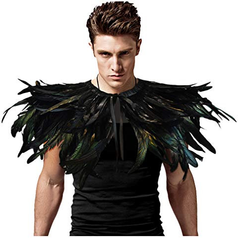 L'VOW Herren Gothic Schwarz Federn umhang Umschlagtücher für Raben Kostüm Poncho (Typ F)