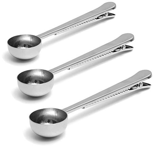 KISEERlgs Coffee Scoop Clip, 2 in 1 Long Handle Tablespoon Stainless Steel Coffee Spoon with Bag Clip, Set of 3