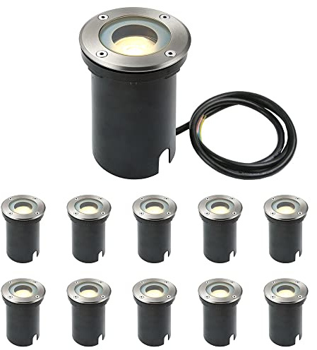 National Lighting Buried Uplighters - Pack of 10 Recessed Ground Lights - IP65 Weatherproof Walk Over Decking Lights - Round Outdoor Lights - 50W 240V Halogen or LED GU10 (Not Included)