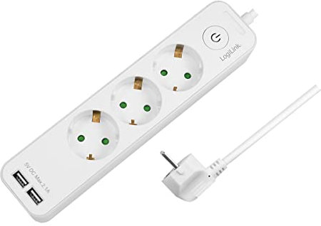 LogiLink LPS248U - Steckdosenleiste 3-Fach (3X CEE 7/3) + 2X USB-A mit EIN-/Aus Schalter und IP20 Schutz, Kabellänge = 1,5m, weiß