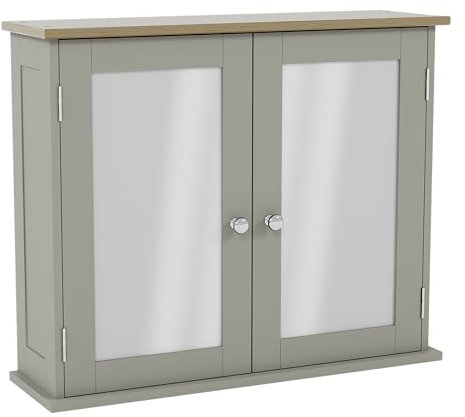 Bath Vida Priano Double Door Mirrored Bathroom Cabinet Storage Cupboard Wall Mounted, Grey & Oak