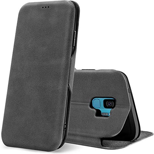 CoolGadget Klapphülle für Samsung Galaxy S9 mit Kartenfach Grau | Business Flip Case mit Standfunktion, Magnetverschluss, strukturierte Oberfläche, schlank und leicht