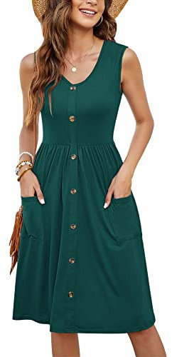 MOLERANI Lässige Kleider für Damen Plissee V-Ausschnitt ärmelloses Button-Down-Sommerkleid(Dunkelgrün,S)