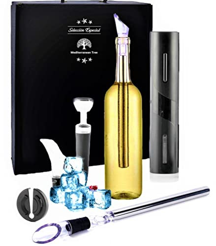 Estuche regalo Sacarcorchos Eléctrico + Enfriador de Botellas de Vino Acero Inoxidable +Kit de vino y accesorios originales + Cortacápsulas Aireador y tapón de vacío