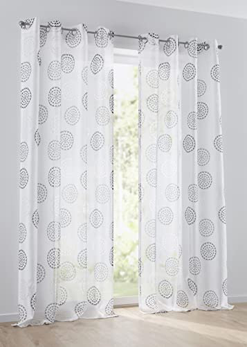 Vorhang Bella anthrazit, Gardine mit Ösen, halbtransparent weiß, Ausbrenner, durchscheinend, Bedruckt mit Kreis Motiv (1 Stück) (135 x 225 cm)