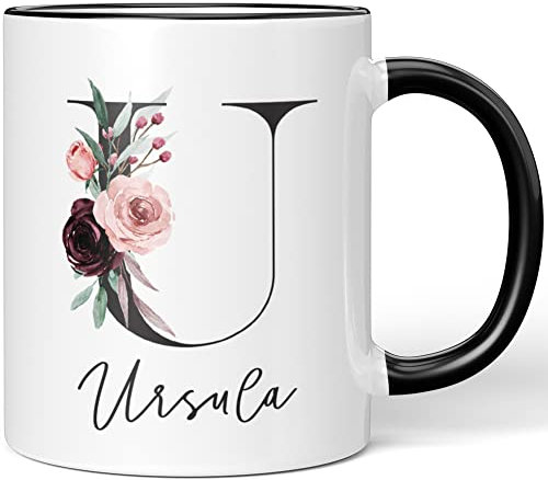 JUNIWORDS Tasse, Ursula, Name Anfangsbuchstabe Initial Alphabet Floral Buchstabe U Monogramm Motiv, Schwarz (5607793)