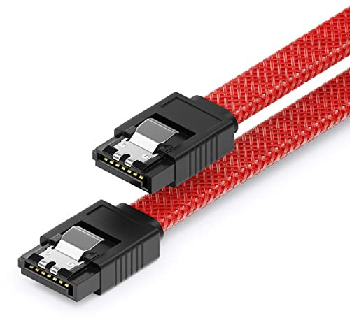 deleyCON 60 cm Juego de Cables de Nailon SATA 3 Cable de Datos Cable de Conexión de 6 Gbit/s Placa Base Disco Duro HDD SSD 2 S-ATA Conector en L Recto Rojo
