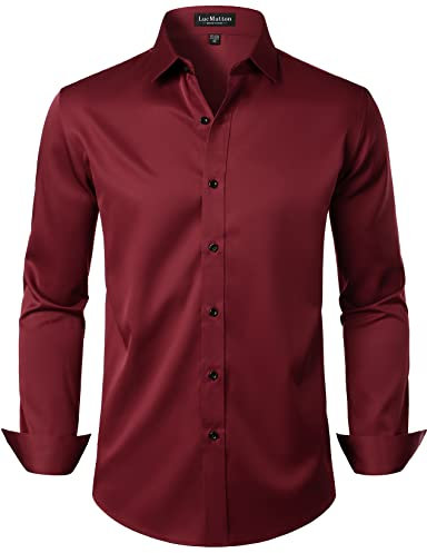 LucMatton – Chemise habillée formelle pour homme, sans plis, manches longues, coupe ajustée, boutonnée, pour mariage, fête, bordeaux, Taille XL