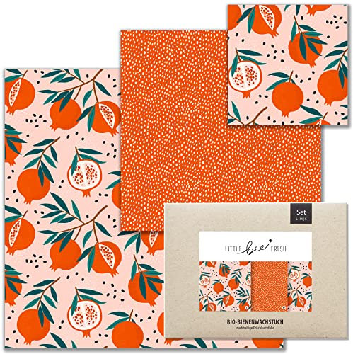 little bee fresh Bio-Bienenwachstücher Starter-Set S/M/L aus Deutschland - hält Lebensmittel natürlich, schön & plastikfrei frisch! Handgemacht aus Bio-Rohstoffen (Granatapfel)