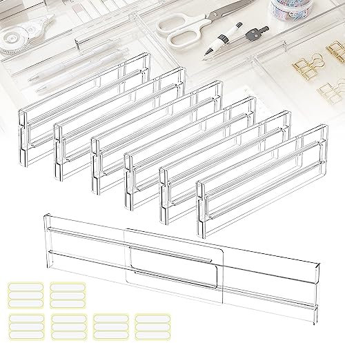 QINERSAW 6 piezas divisores de cajones ajustables Separadores de cajones de plástico transparente 27,5-52 cm Organizador de cajones ajustable para baño, oficina, tocador, almacenamiento de maquillaje