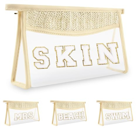 Iqimott Boho-Aufnäher, transparente Make-up-Tasche, Brieftasche, wasserdichter Reißverschluss, Make-up-Tasche, Kulturbeutel, Haut-Beige, 10.23 x 5.7 x 2.36 inches, Bohemian-Stil