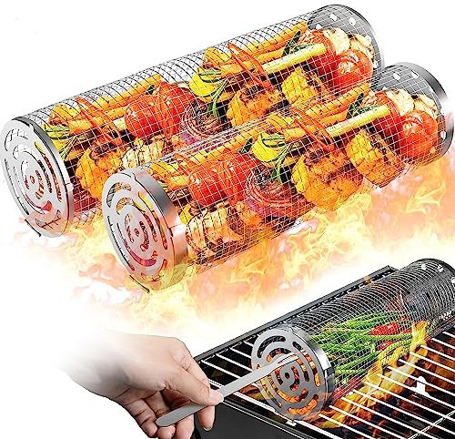 Cesta rodante para asar, 2 piezas barbacoa Cesta de parrilla para Exterior Redondo Acero inoxidable Parilla Cocinando Parrilla Rallar para Verdura Pez Carne papas fritas
