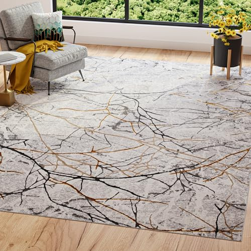 TAPISO Golden Teppich Wohnzimmer Kurzflor Schlafzimmer Luxuriös Grau Weiß Gold Linien Abstrakt Meliert Verwischt Modern Design ÖKOTEX 140 x 200 cm