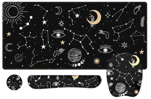 Anyshock Desk Mat, Keyboard Wrist Rest, Gaming Mouse Pad Wrist Support, 4 in 1 Desk Pad Large with Coaster Set, Computer Keyboard Mat with Non-Slip Base for Home Ofiice, Black Moon Constellation