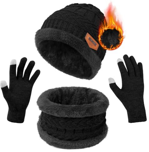 Flintronic Wintermütze, Schal und Touchscreen Handschuhe Set - Fleece-Innenfutter Warm Beanie Mütze für Herren & Damen - Elastische Mütze mit Rundem Schal