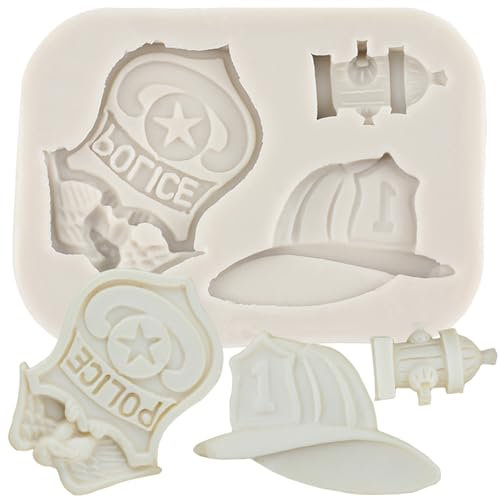 MINFEIDMS Feuerwehrmann Polizei Abzeichen Hut Fondant Silikonformen für Kuchen Dekorieren Cupcake Topper Süßigkeiten Schokolade Gummipaste Polymer Clay
