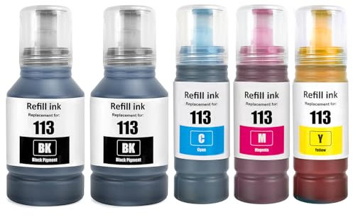 SHUOLEI 113 Tinte Kompatibel mit Epson 113 Tintenpatronen Nachfülltinte Multipack für ET-5850 ET-16600 ET-5150 ET-5170 ET-5150 ET-16650 ET-15000 ET-5100 ET-5800 ET-5880 ET-16150 (5 Pack 2BK/C/M/Y)