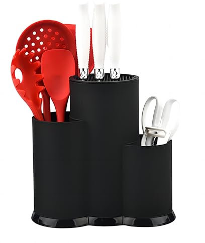 Universal Round Knife Block Without Knives, 3 in 1 Round Kitchen Knife Storage Stand with 2 Utensil Scissors Slots, Kitchen Knife Holder with Detachable Base, Space Saving Knife Storage Block-Black