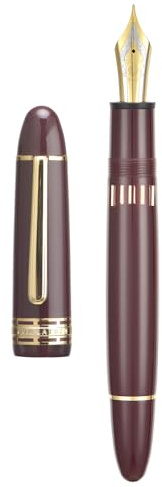 Wikult Yongsheng 630 Acrylic Fountain Pen, Size 8 Medium Nib with Piston Filling System, Wine Red Transparent Fence Ink Tank with Torpedo Shape Design Smooth Writing Pen (Gold Trim)