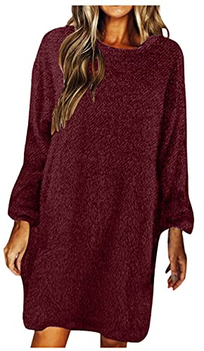 Damen Winterkleid Strick Kleider Rundhals Strickkleid Langarm Pulloverkleid Locker Plus Samt Mini Kleid Abendkleid Partykleider Weicher Kuscheliger Freizeitkleid Warm Solide Herbstkleid
