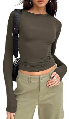 Women's Slim Fit Crop Tops Casual Solid Color Crew Neck Long Sleeve Tight T-Shirt Basic Blouse Tee Tops (Dark Green, S)
