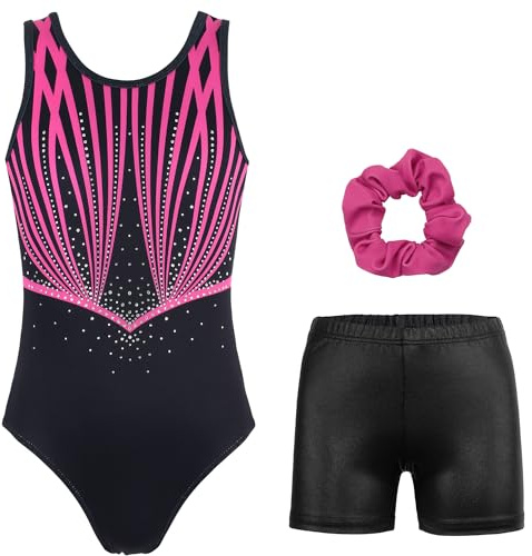 JOYSTREAM Gymnastics Leotard for Girls with Shorts Rose-Red Line 6-7Years