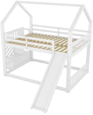 LUNEX HOME Etagenbett, 2-Sitzer, 140 x 200 cm, mit Lattenrost, Aufbewahrungstreppe, Rutsche und Fallschutz, Weiß