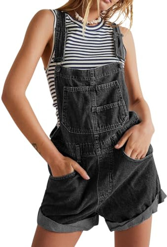 Odizli Latzhose Damen Kurz Sommer Baumwolle Jeans Overall Denim Jeanslatzhose Jumpsuit Einteiler Playsuit Arbeitslatzhose Große Größen Loose Fit Hoseanzug Romper Schwarz L