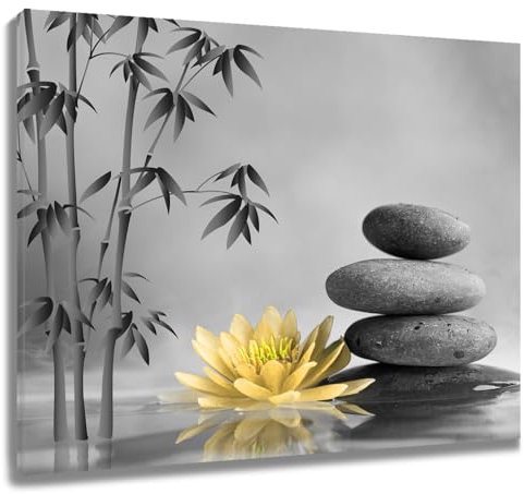 LB Wandbilder Zen-Bambus Poster Grauer Stein Gelbe Blume Wanddruck Japanisches Spa Leinwand Bilder für Wohnzimmer Schlafzimmer Badezimmer Wand Deko,60x40cm Ungerahmt
