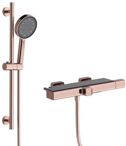 RONMX Colonne de Douche, BSS0255 Moderne et Simple Ensemble de Douche, Barre de Levage à Hauteur Réglable, Cascade Robinet de Baignoire, Douchette à Main 3 Modes, 59A Tout en Cuivre