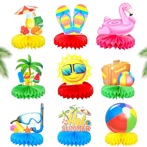 Gyufise 9Pcs Beach Honeycomb Centerpieces Pool Party Cake Balls Table Toppers Beach Party Supplies Pool Party Decorations for Beach Birthday Party Favors