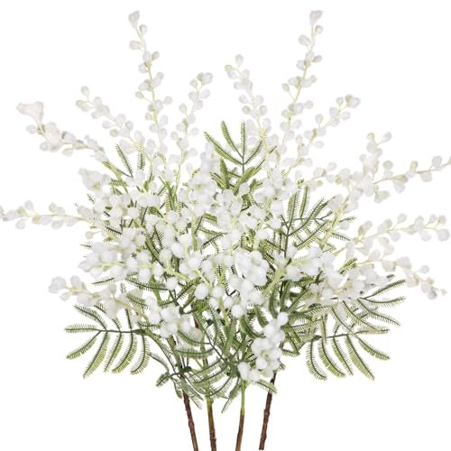 Oairse 6PCS Kunstblumen Künstliche Gelbe Mimose Spray Kirsche Seide Gefälschte Blume für Hochzeit Heimdekoration Esstisch, Schlafzimmer Dekoration, Weiß