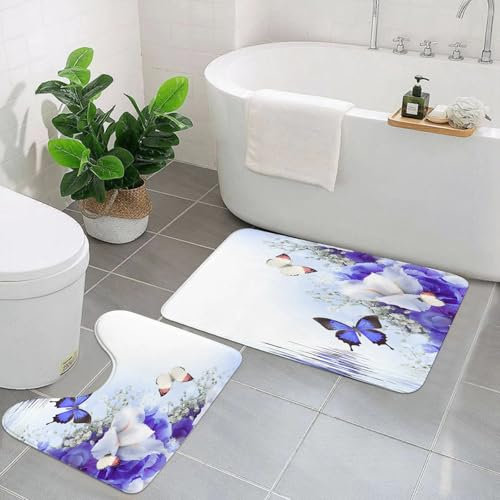 EYLOZS Badezimmerteppich Set 2 Teilig Waschbar rutschfeste Badematte Toilettenmatte Weich Saugfähige Badteppiche,Florale, Blaue und weiße Wildblumen mit Monarchfaltern, Lilientherapie, Zen-Spa-Kunstd