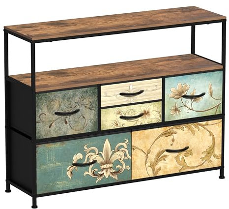 VEDECASA Bedroom Chest of Drawers with Open Shelf 6 Drawer Dresser for Bedroom Storage Organizer Unit TV Stand for Living Room Hallways Closet with Wooden Top Metal Frame