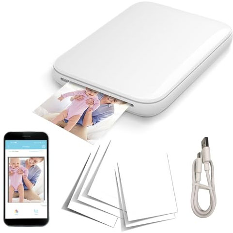 Imprimante Photo Portable, Mini imprimante Mobile Couleur instantanée, imprimante sans Fil Bluetooth avec 5 Feuilles adhésives, Compatible avec Les appareils iOS et Android, Application d'édition