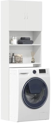Mobile Lavatrice Bianco 190x64x24 cm, Mobile Bagno Lavatrice ,Mobiletto Porta Lavatrice da Bagno con Scaffale e Armadietti in Legno Multistrato (Peso 26,4KG)