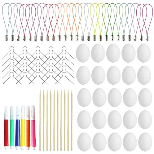 25 Pcs Ostereier Zum Bemalen,Ostereier Plastik,Styroporeier,Eier Zum Bemalen,Plastikeier Zum Bemalen,25 Handyketten 25 Eisendrähte 10 Bambusstäbe 6 Farbige Aquarellstifte,Ostereier Zum Aufhängen