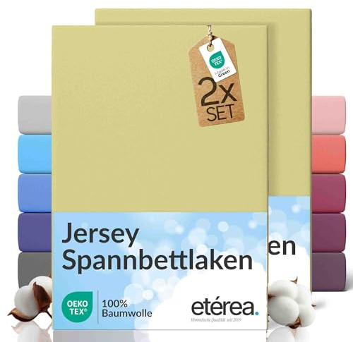 etérea Jersey 2er Set Spannbettlaken 200x220cm Lind bis 25 cm Höhe - 100% Baumwolle Spannbetttuch Oekotex - Bed Sheets mit Rundumgummi - Doppelpack Bettlaken 200x220 cm - Grün
