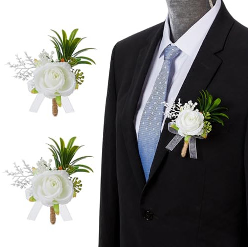 ASTRQLE Lot de 2 boutonnières roses blanches pour homme - Fleurs artificielles - Pour mariage, dîner, fête, cérémonie, anniversaire