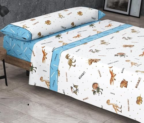 HM'S HOME'SECRET Roomers Juego de sábanas Estampadas Calidad 30/30 144 Hilos, 50% poliéster y 50% algodón 10 Diseños en 2 Colores. (Infantil Dinosaurios, Cama 90cm)