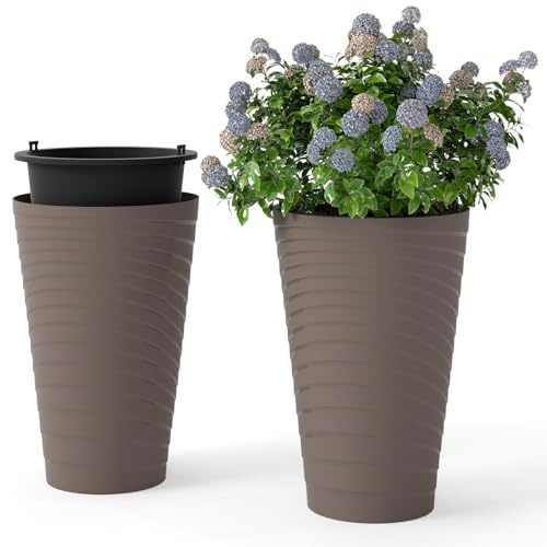 COSTWAY 2 er Pflanzkübel mit Innentopf, 45 cm hoch, runde Pflanzgefäße wetterfest, Blumentöpfe mit Entwässerungslöchern, PP, Übertopf für Garten Terrasse Hinterhof Balkon, Grau